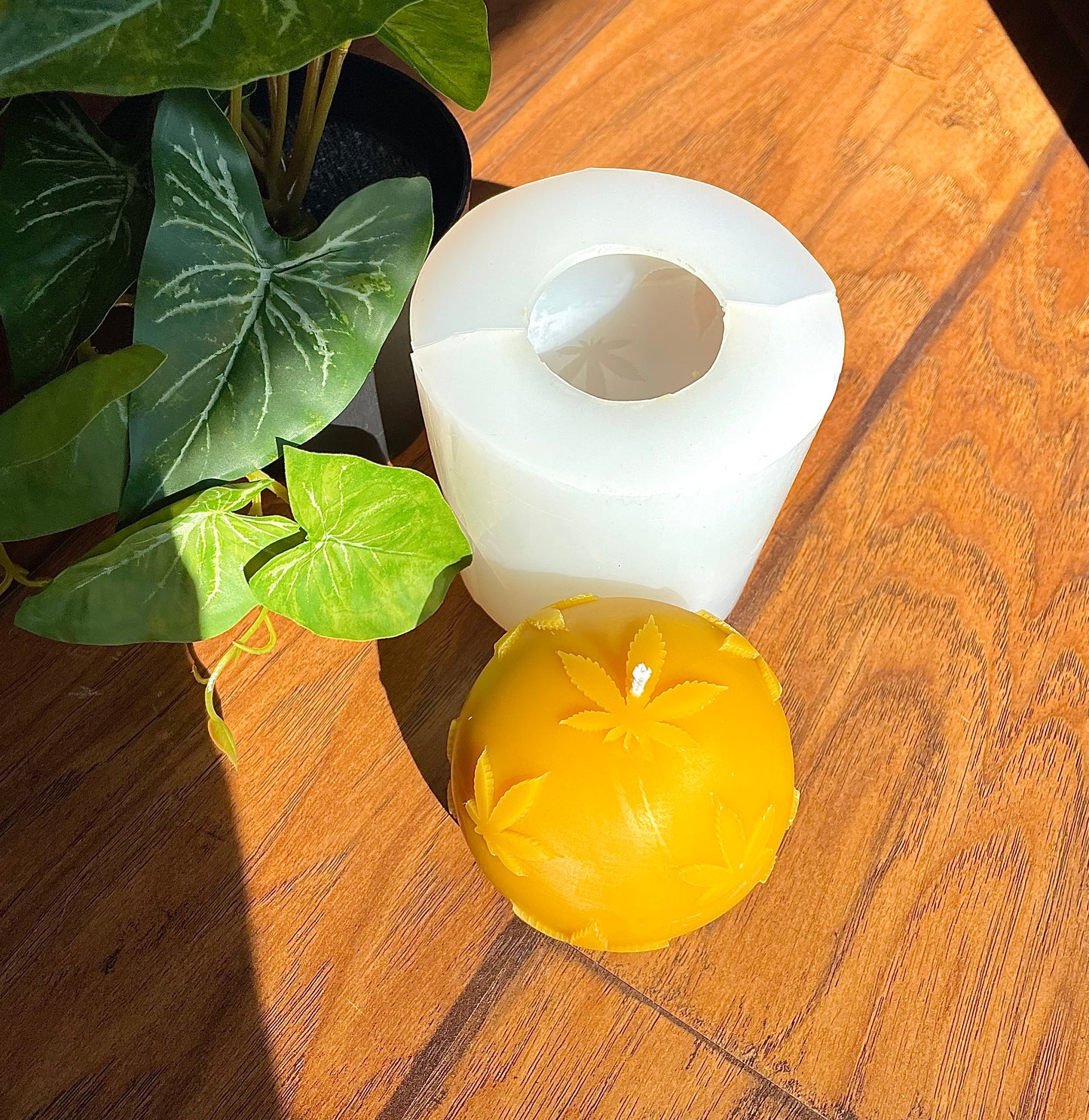 3D silicone sphere ball candle mold designed with marijuana leaves - pot leaf mold - 3”