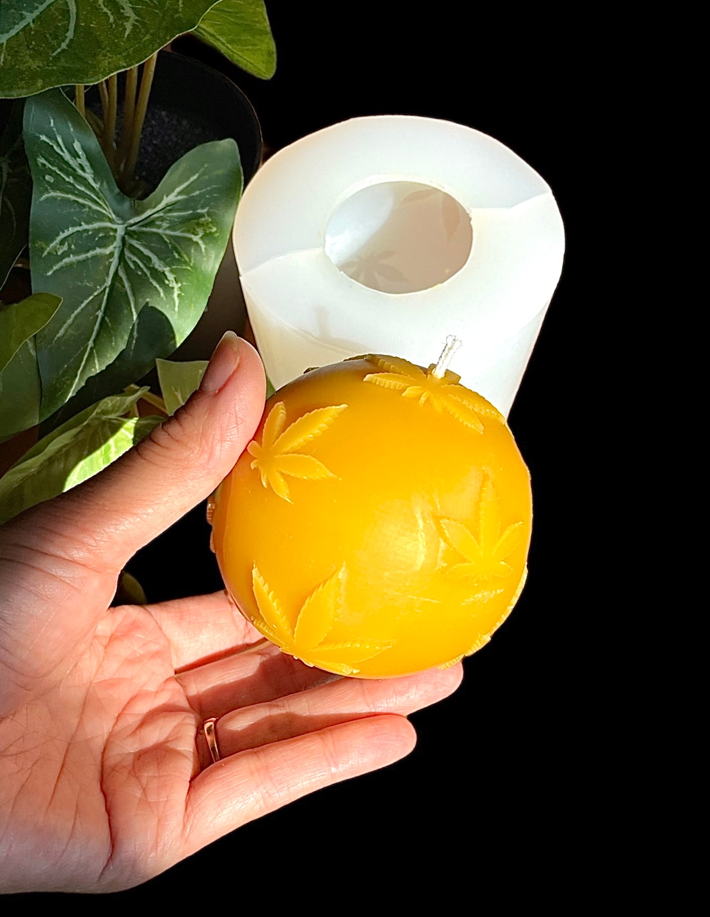 3D silicone sphere ball candle mold designed with marijuana leaves - pot leaf mold - 3”
