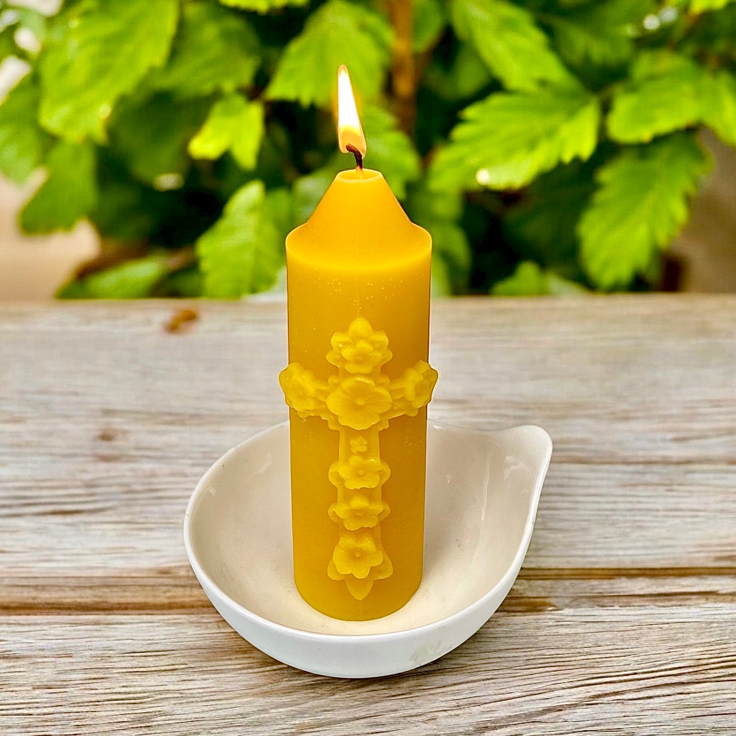 5” pure beeswax religious pillar candle with flower cross- Christian candle gift - candle with cross