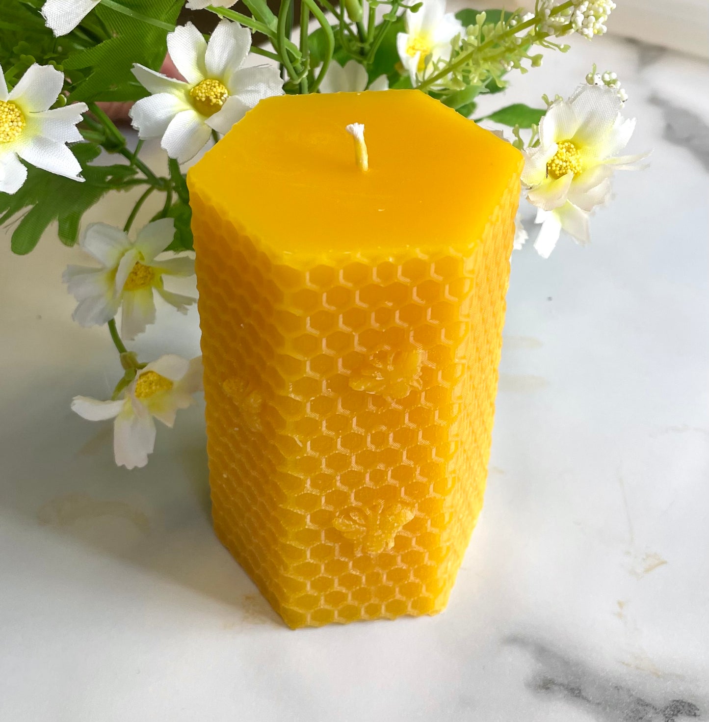 100% Pure beeswax hexagonal honeycomb honeybee pillar candle - candle gift - 3.75”