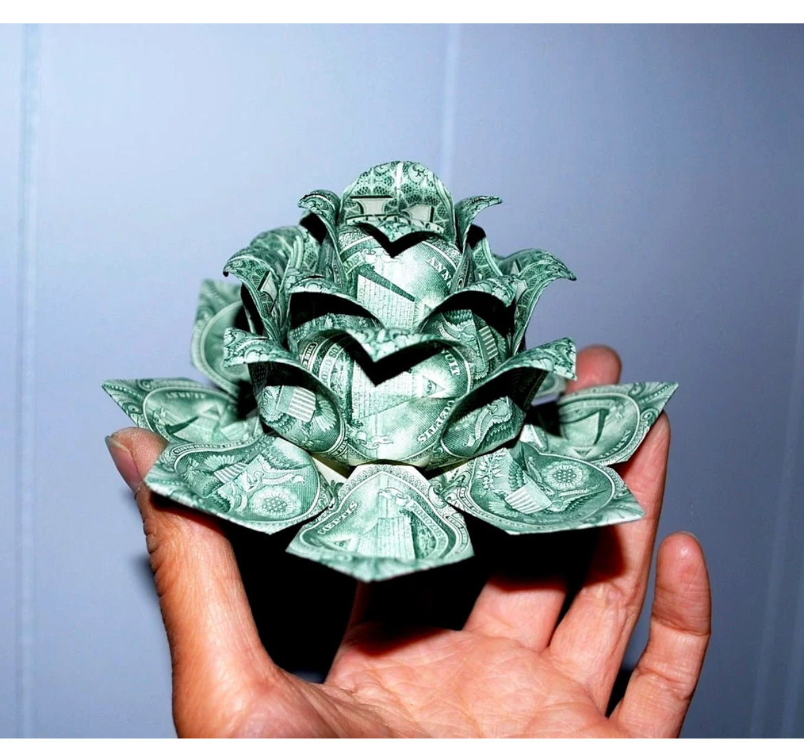 Money origami lotus flower made with 12 $1 bills