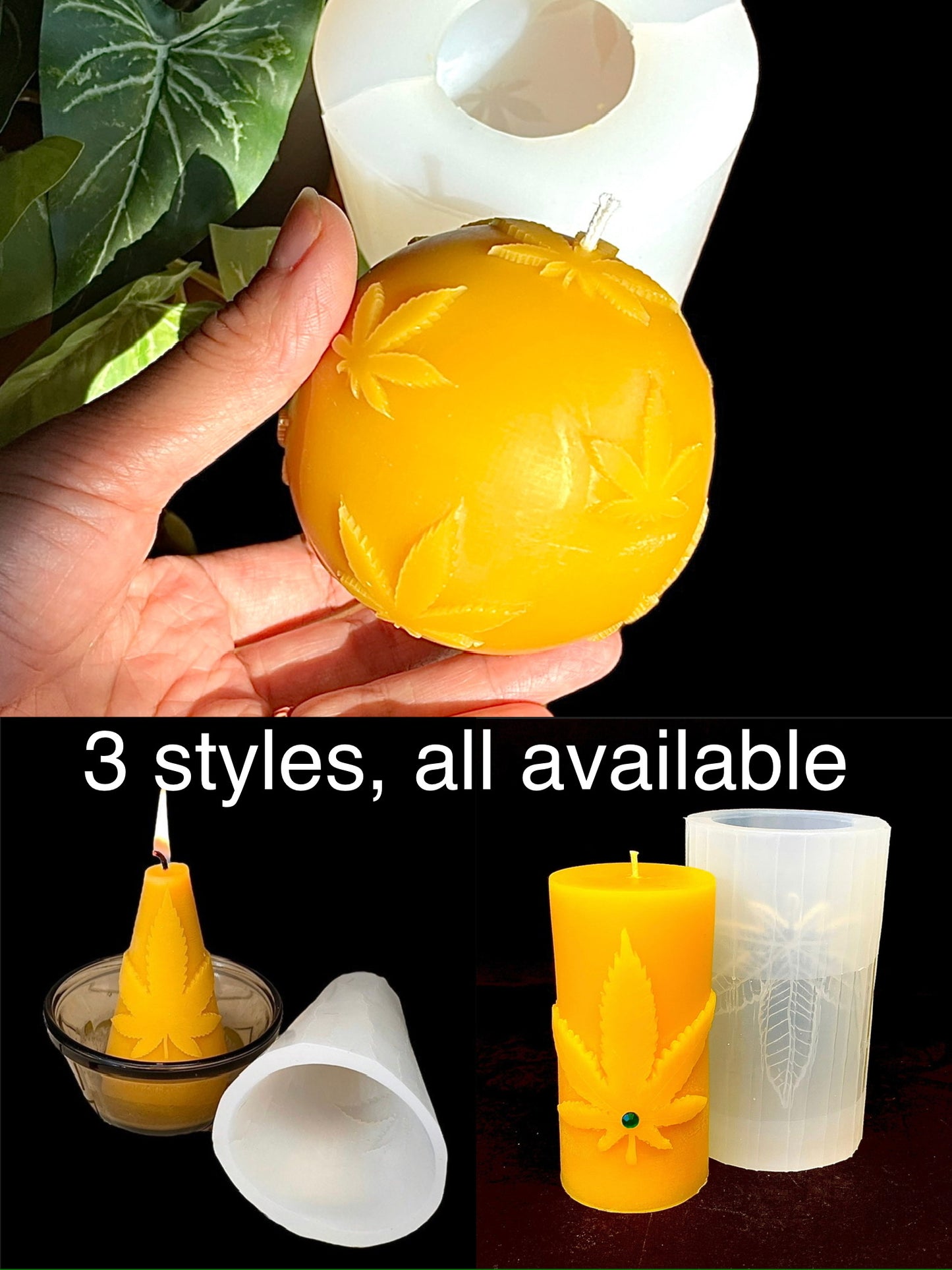 3D silicone sphere ball candle mold designed with marijuana leaves - pot leaf mold - 3”