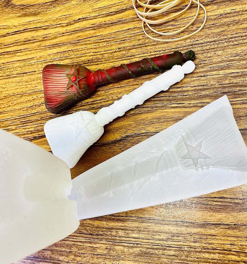 6” 3D Silicone witch’s broom Mold - magic ritual spiritual candle mold - soap resin mold - homemade - unique mold