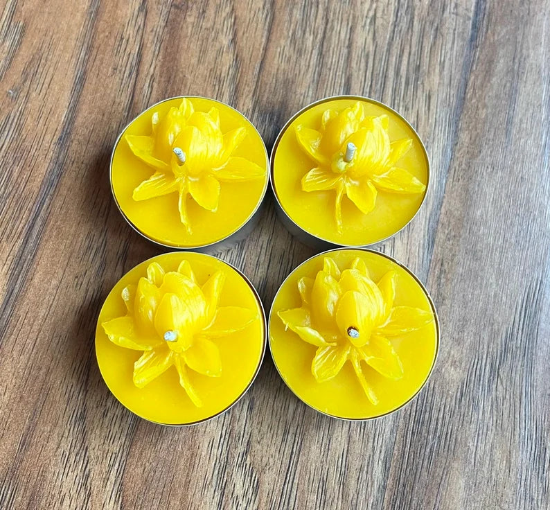 pack of 4 pure beeswax tea light candles - lotus flower tealights - water lily candle - handmade tealight
