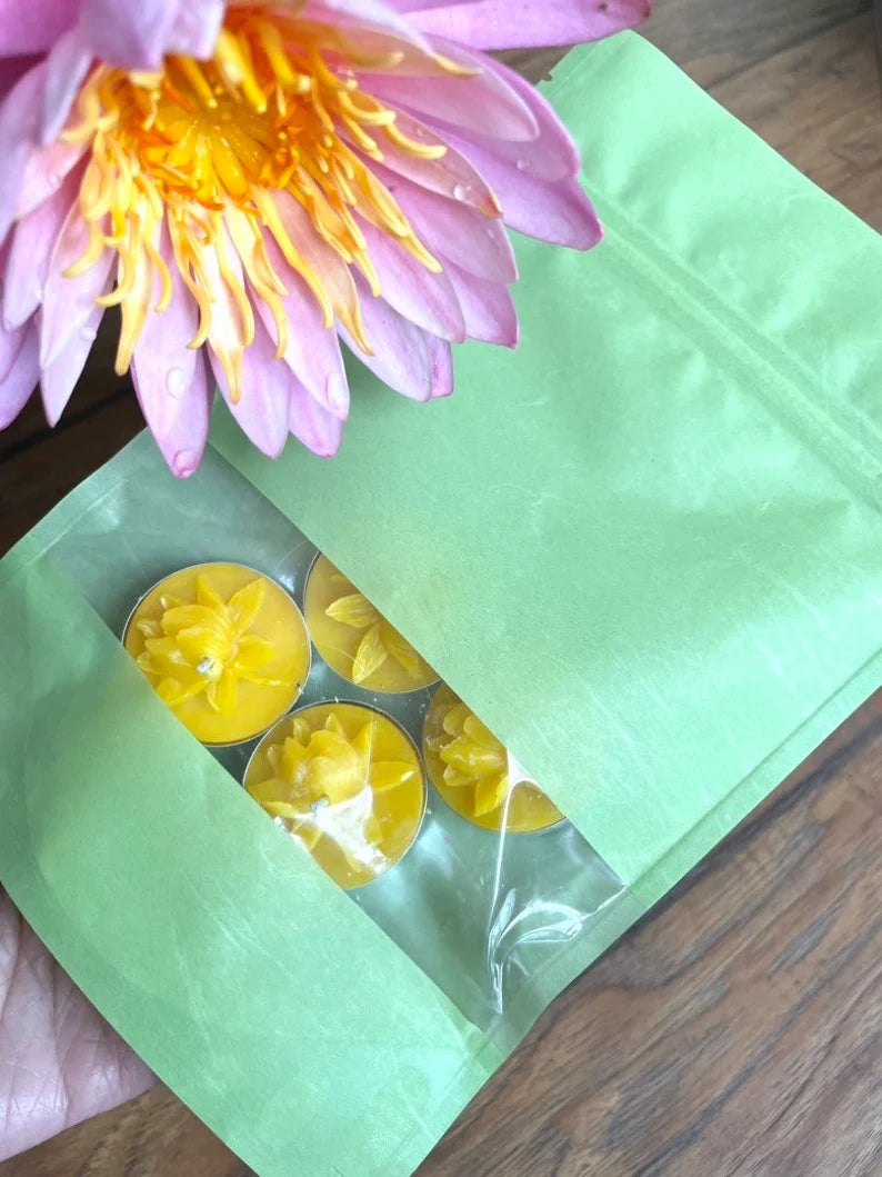 pack of 4 pure beeswax tea light candles - lotus flower tealights - water lily candle - handmade tealight