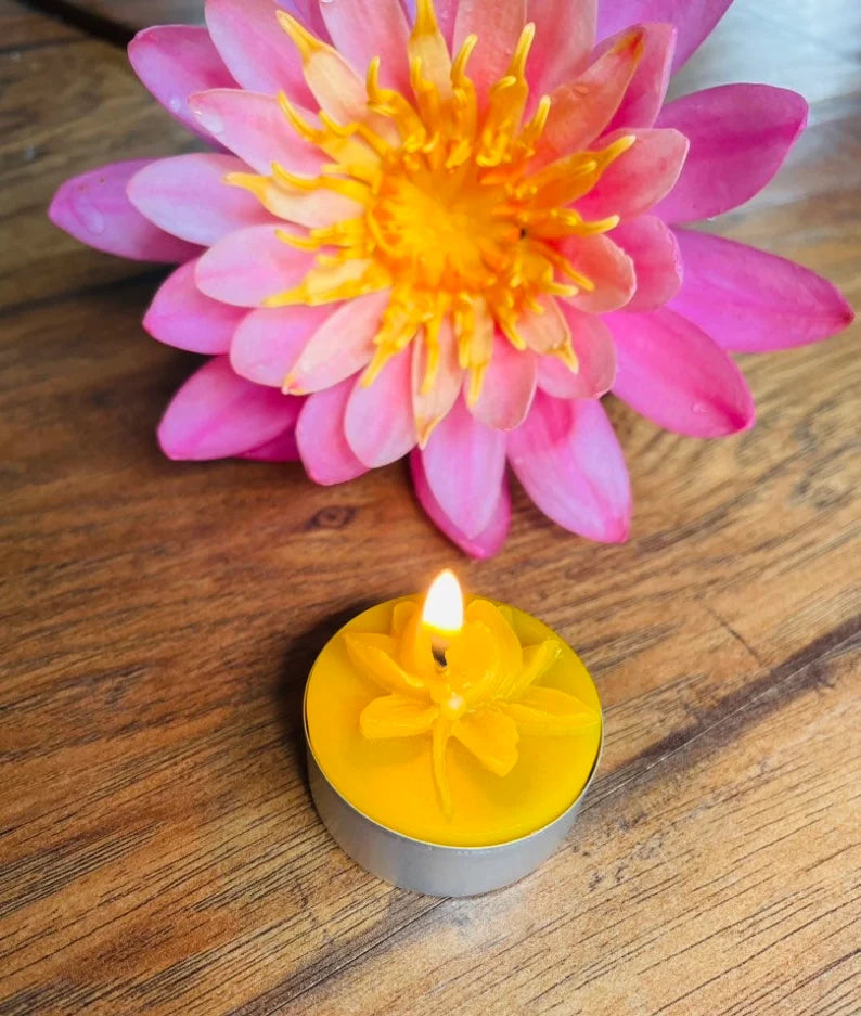 pack of 4 pure beeswax tea light candles - lotus flower tealights - water lily candle - handmade tealight