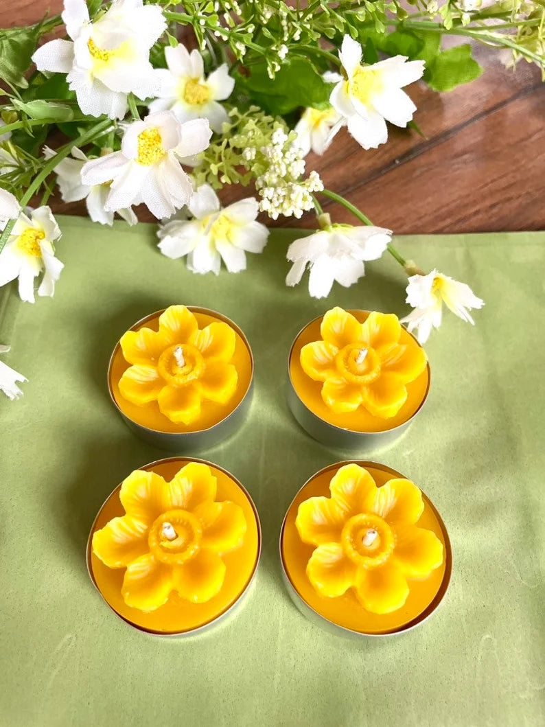 pack of 4 pure beeswax tealight candles - flower tea light - handmade candles