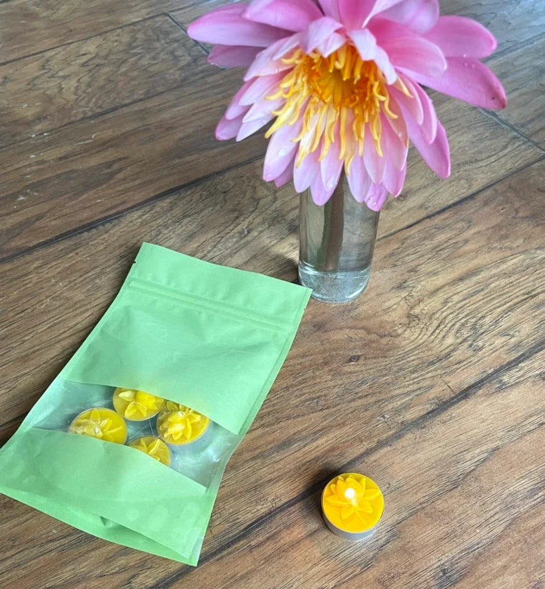 pack of 4 pure beeswax tea light candles - lotus flower tealights - water lily candle - handmade tealight