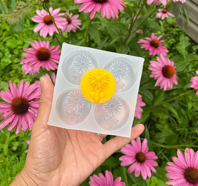 Silicone tealight candle mold - Magnus Coneflower with honeybee - wax melt lotion bar chocolate - guest soap