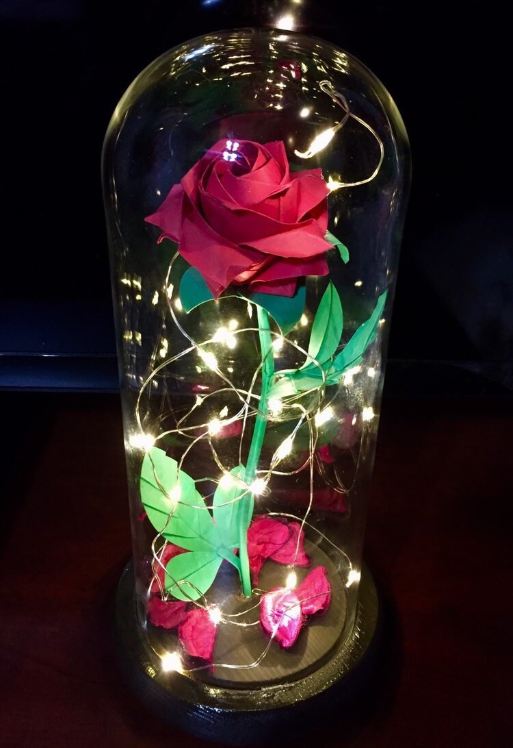 Origami rose in glass dome - origami paper flower - engraved rose - valentine gift for her