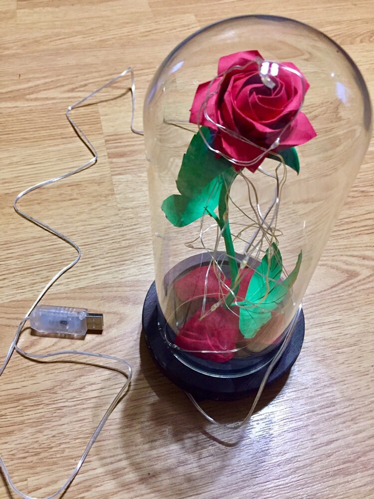 Origami rose in glass dome - origami paper flower - engraved rose - valentine gift for her