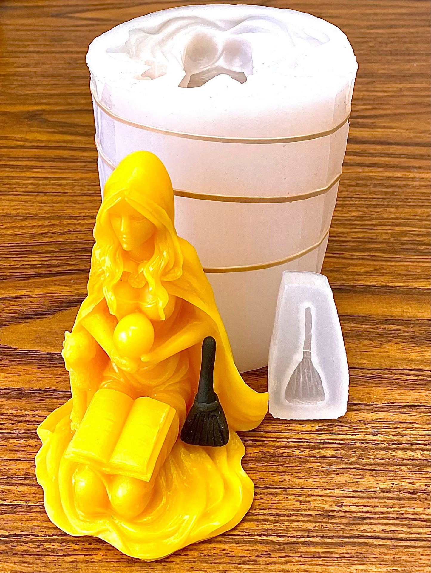 3D Silicone witch Mold - homemade candle soap resin mould - Halloween mold - 5 1/4” - witch with crystal ball and black cat