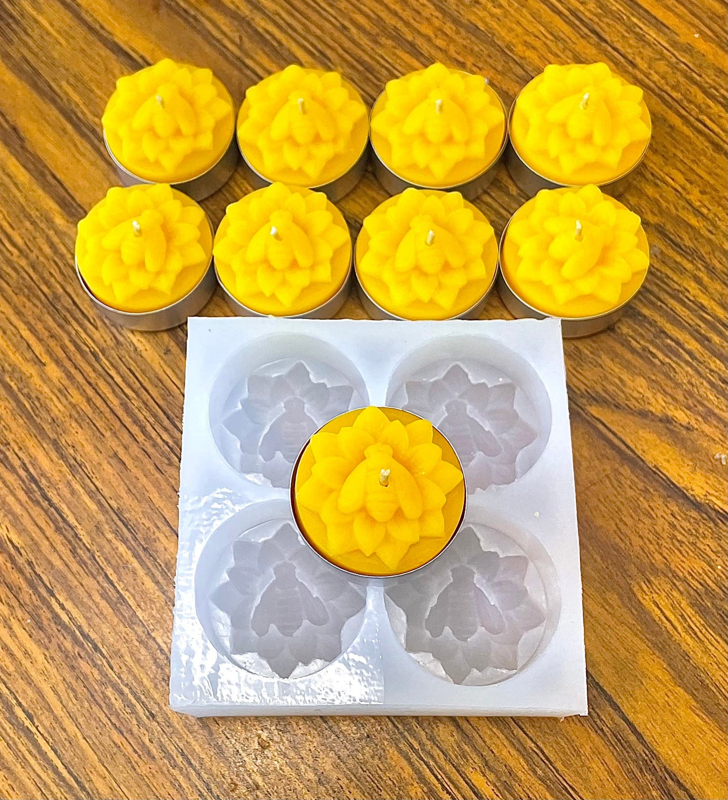 Silicone honey bee Tealight candle Mold - honeybee on flower tealight mold - 4 cavities - wax melt lotion bar - guest soap
