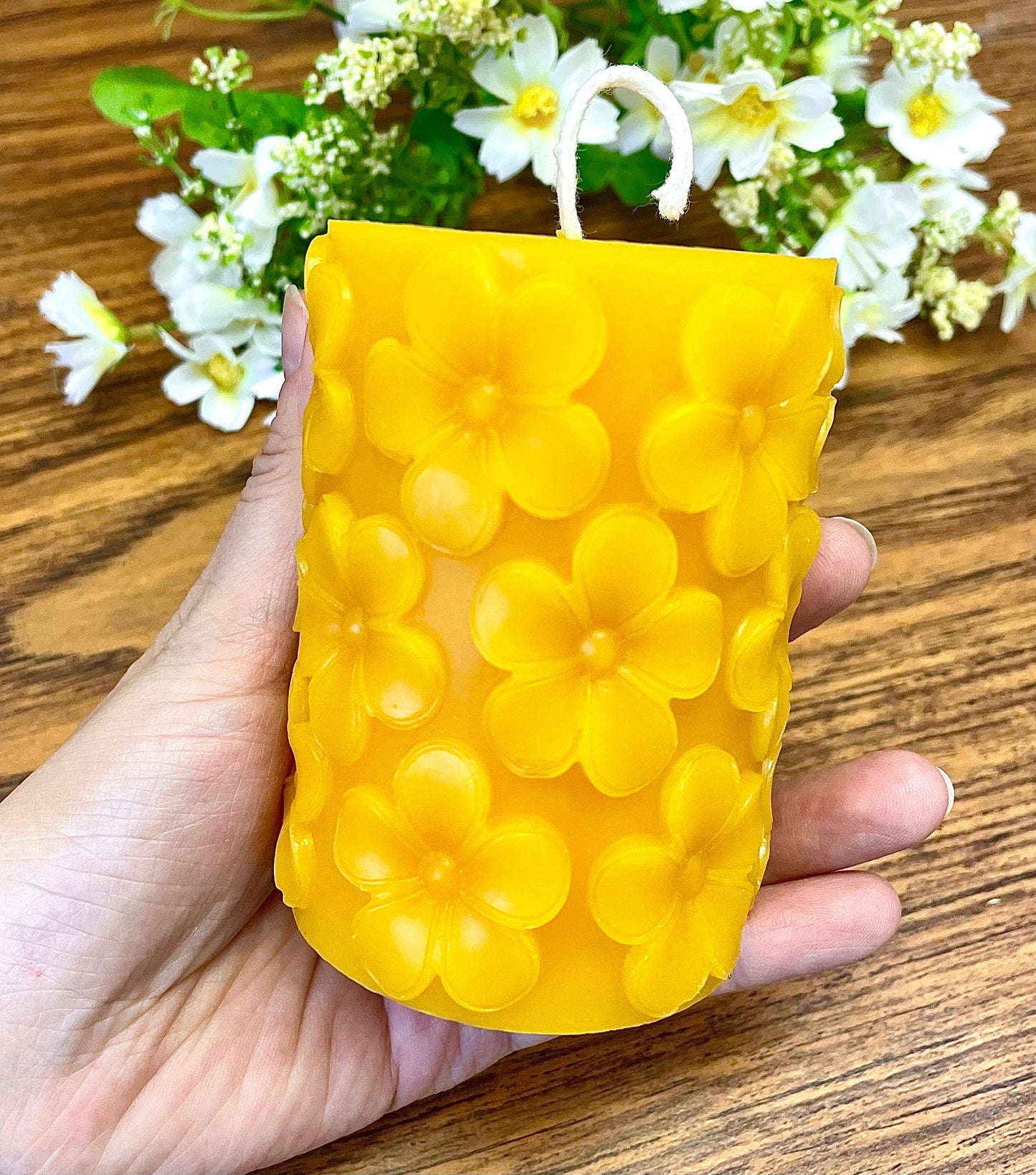 100% pure beeswax plumeria flower pillar candle - candle gift - wedding shower candle