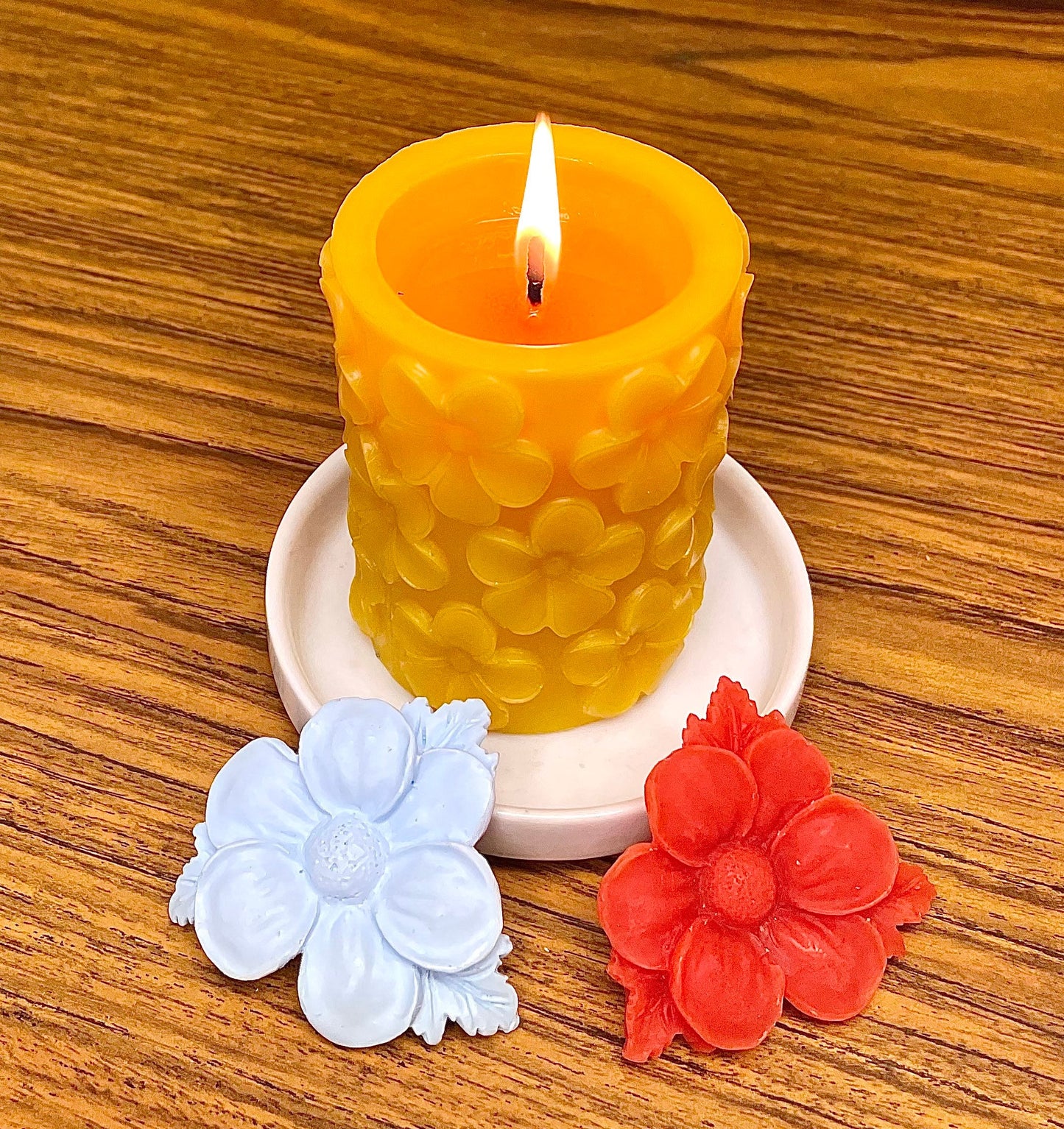 100% pure beeswax plumeria flower pillar candle - candle gift - wedding shower candle