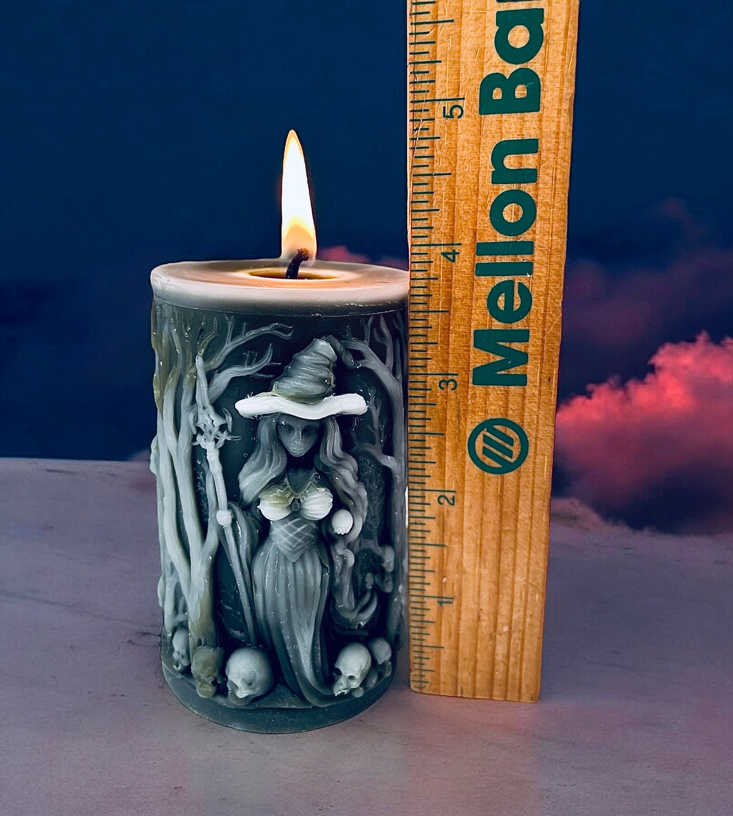 pure beeswax witch with skulls candle - Halloween candle - decorative pillar candle - spell magic ritual altar candle