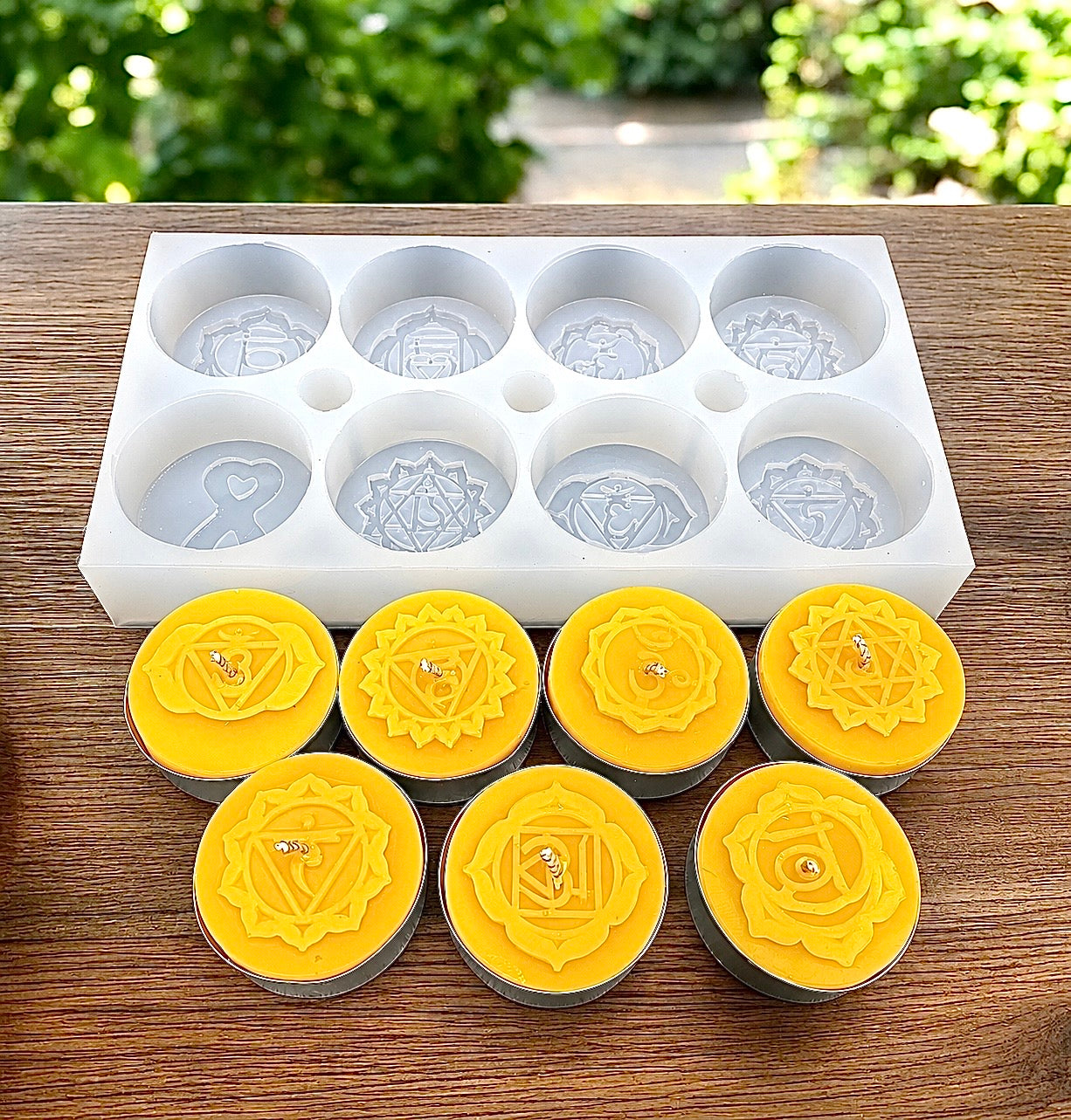 Silicone chakra Tealight candle Mold - yoga symbols tealight mold - 8 cavities - wax melt lotion bar soap