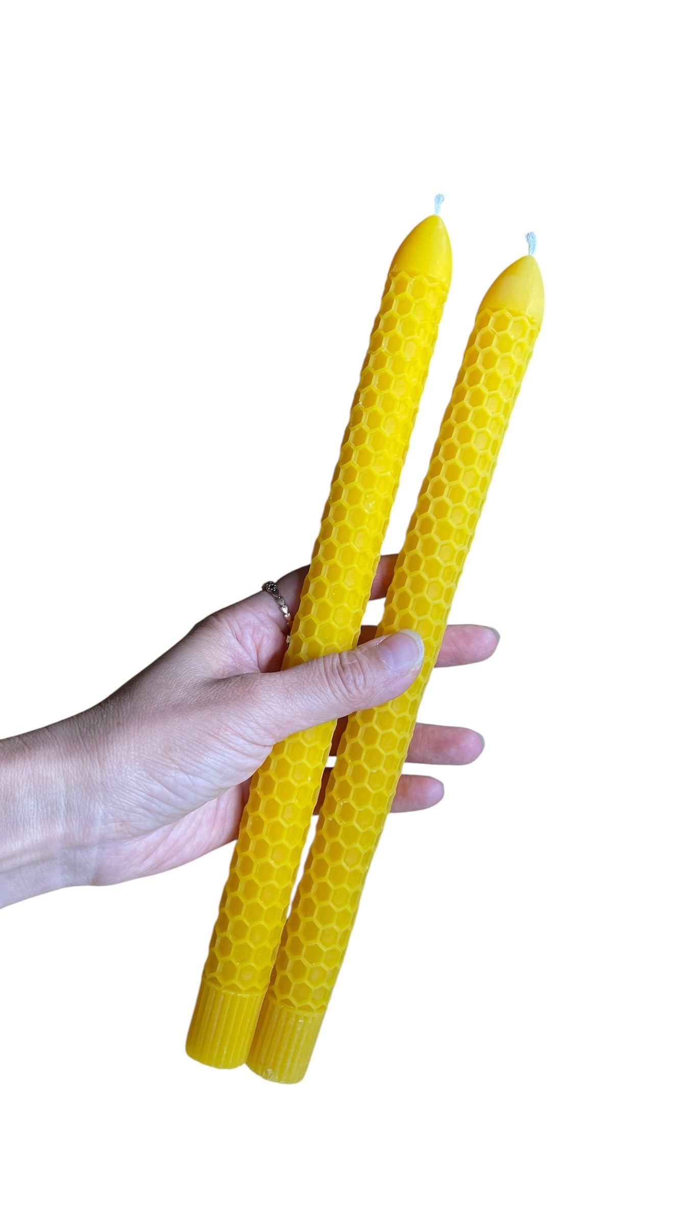 A pair 100% pure beeswax honeycomb tapers 11”
