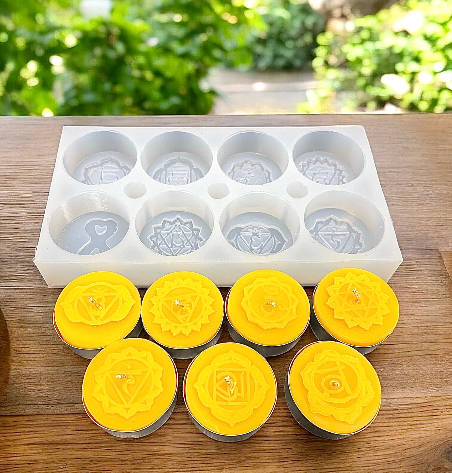 Silicone chakra Tealight candle Mold - yoga symbols tealight mold - 8 cavities - wax melt lotion bar soap