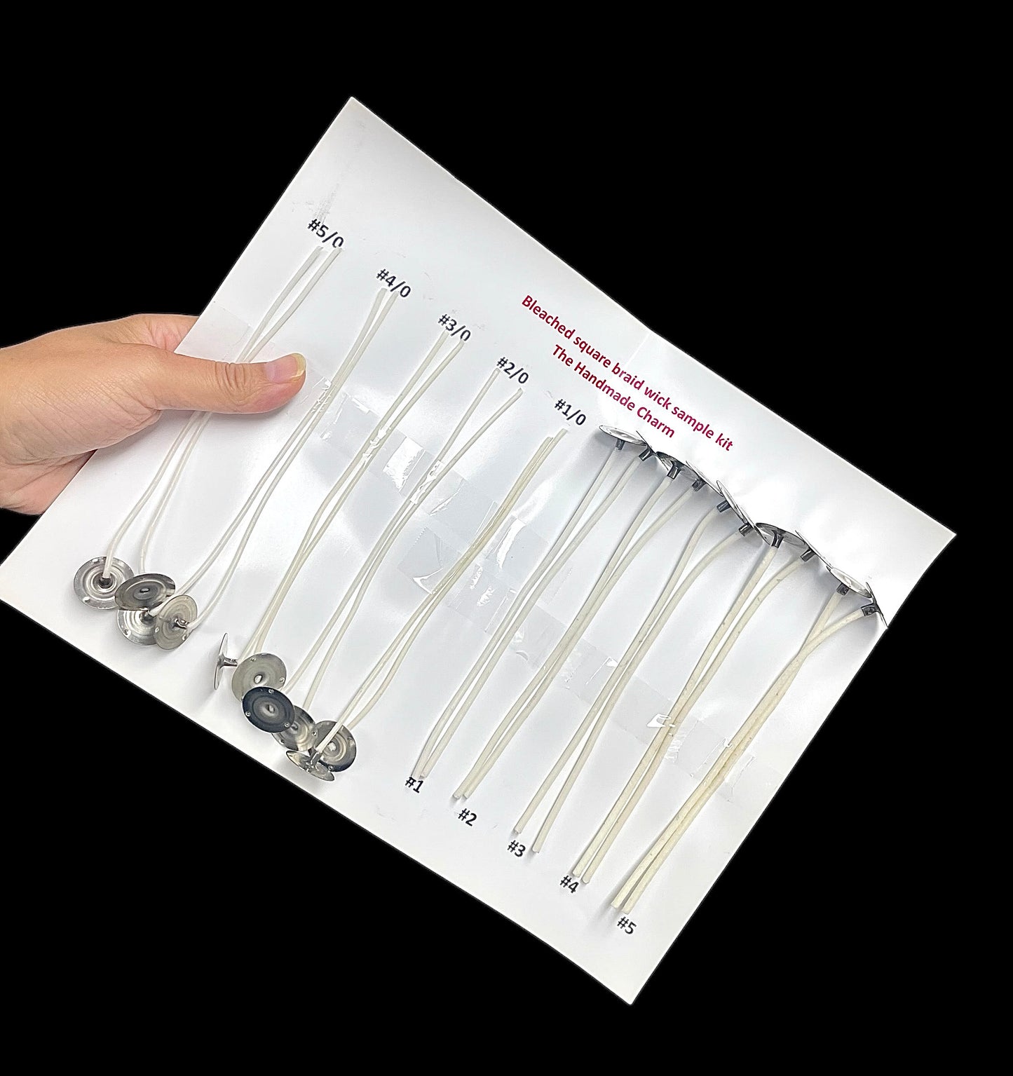 Bleached square braid wick sample kit with wick suggestion & rate chart - 10 wick sizes