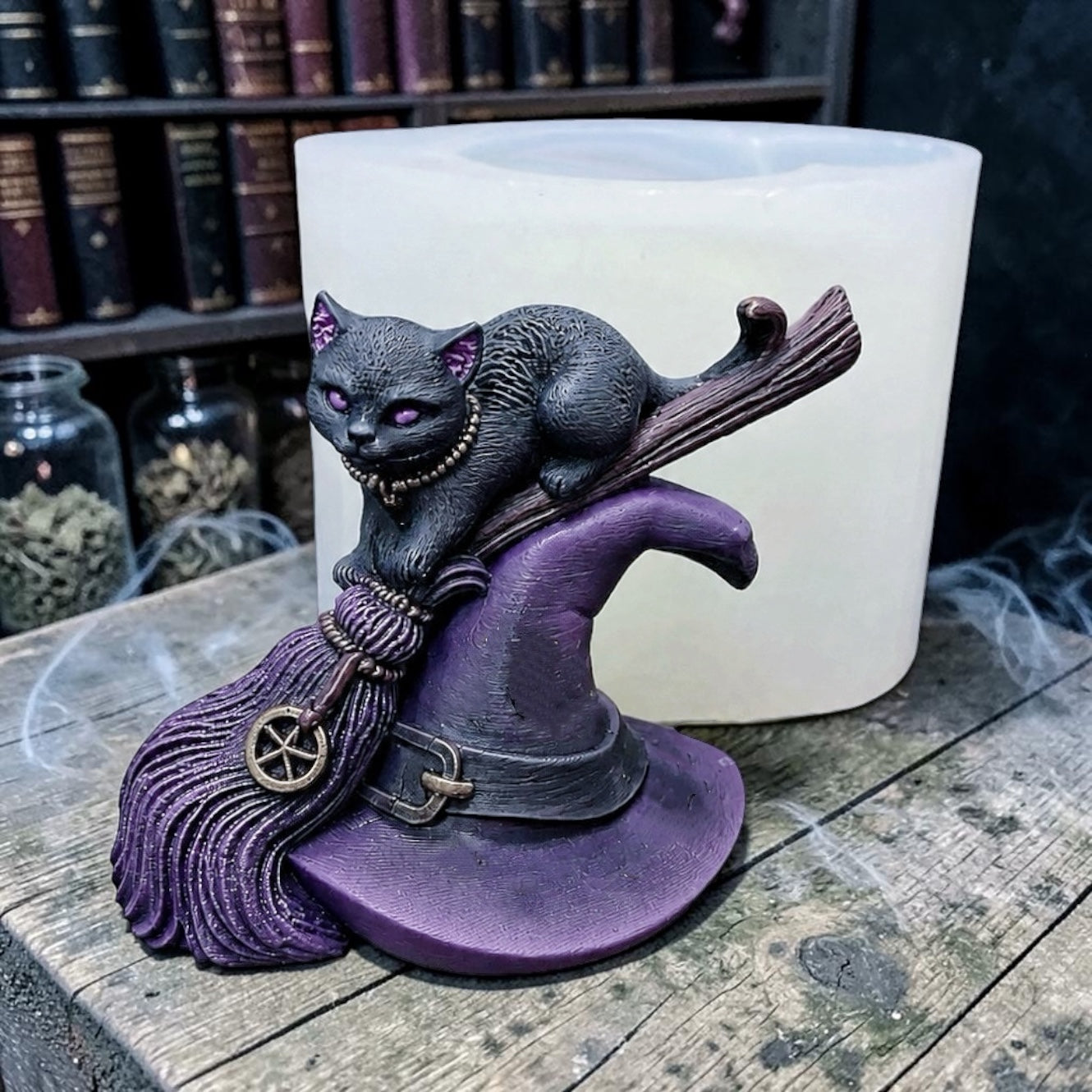 Witchcraft candle mold - witch’s hat broom cat - Halloween candle mold