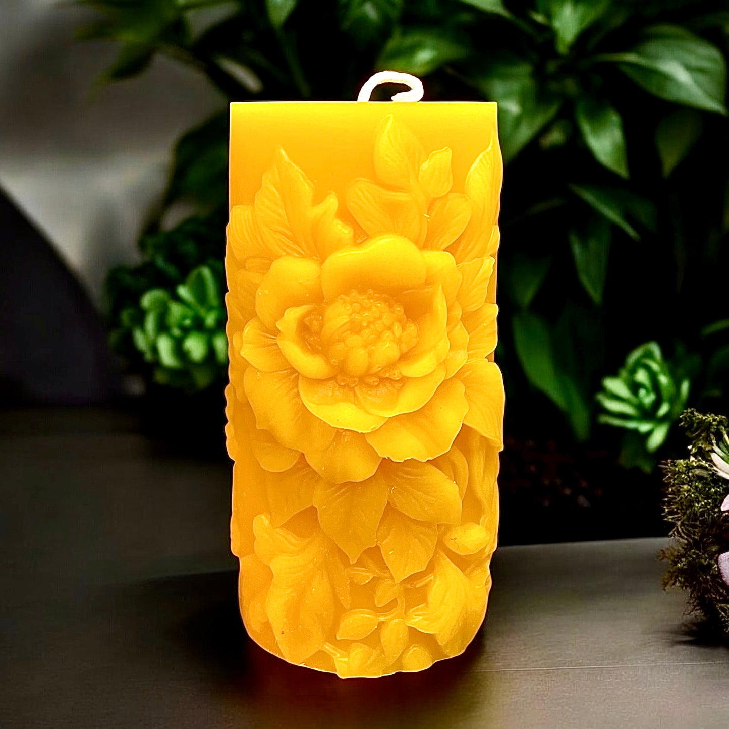 Handcrafted pure beeswax pillar candle designed with peony flowers