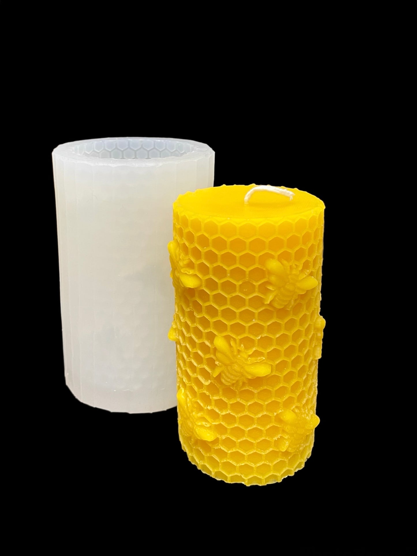 Silicone round cylinder Pillar candle Mold designed with honeybees on honeycomb  - 2 5/16” x 4 5/16”