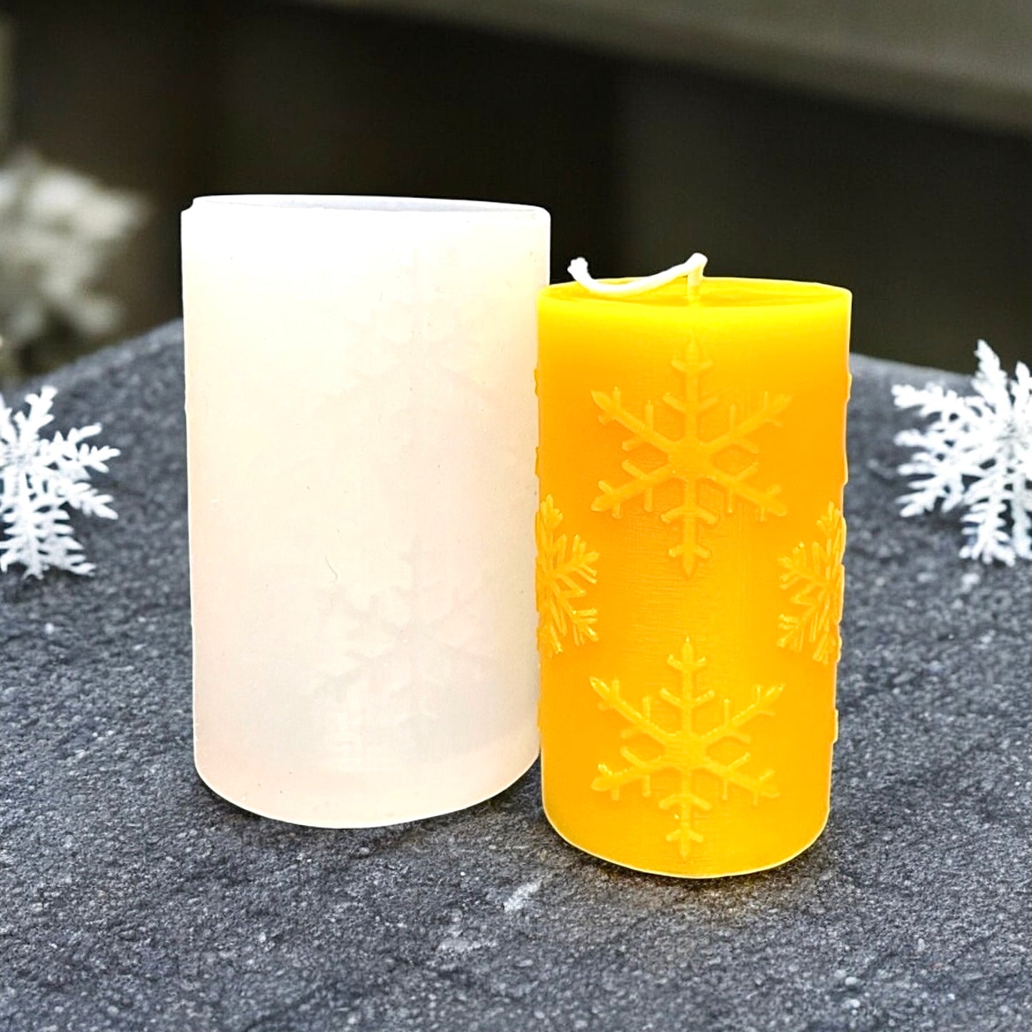 Silicone snowflake candle Mold - round pillar candle mold - holiday candle mold - cylinder mold - 2 1/8” x 3 3/4”