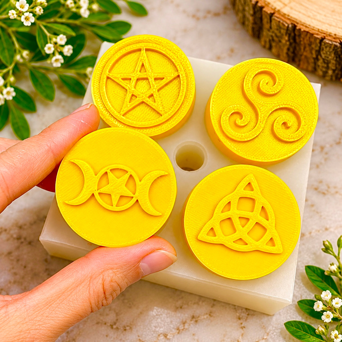 New Silicone Tea light candle Mold - witchcraft symbols - Pentagram - triple moon - pagan candle mold - spell candle mold