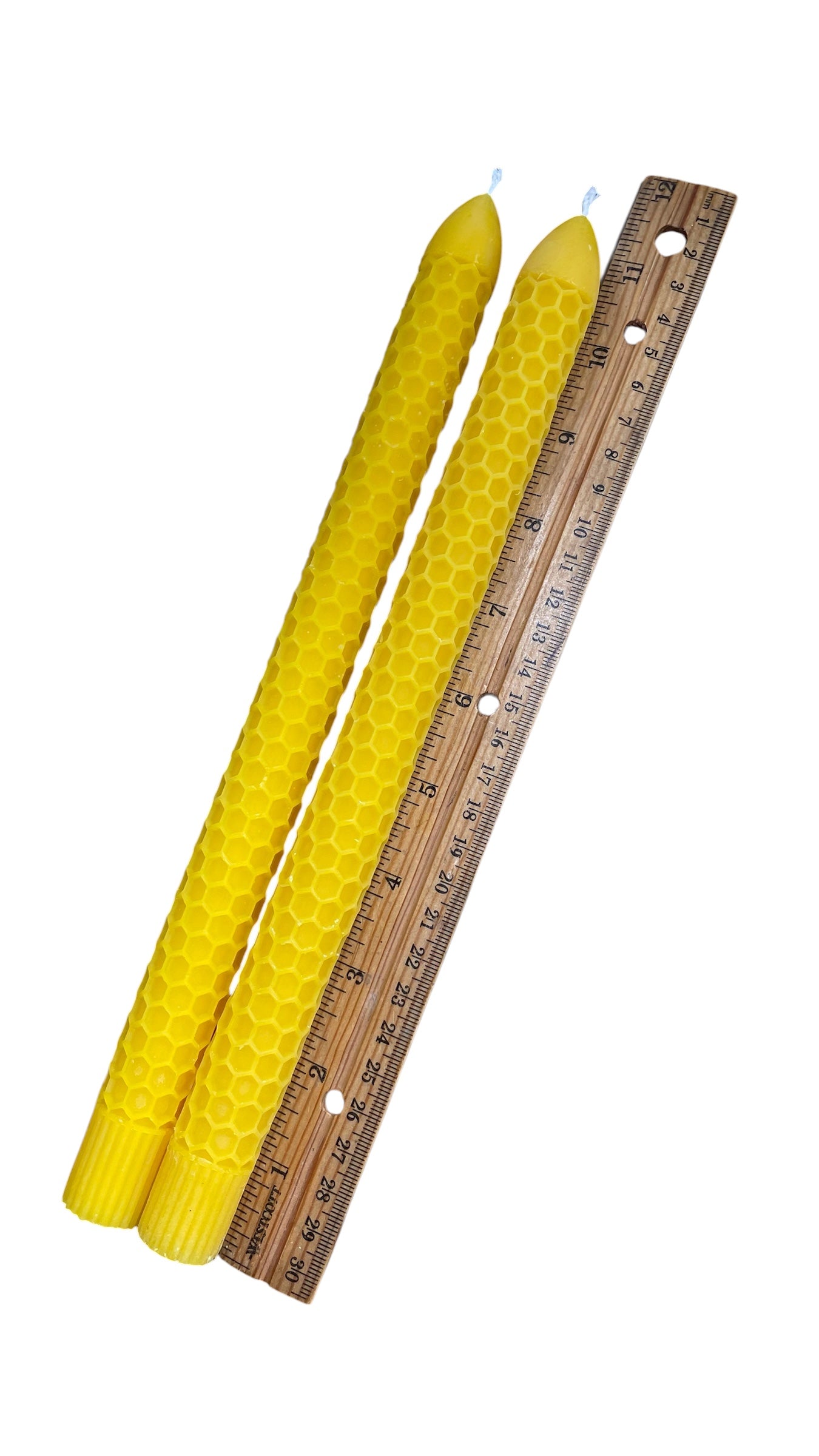 A pair 100% pure beeswax honeycomb tapers 11”