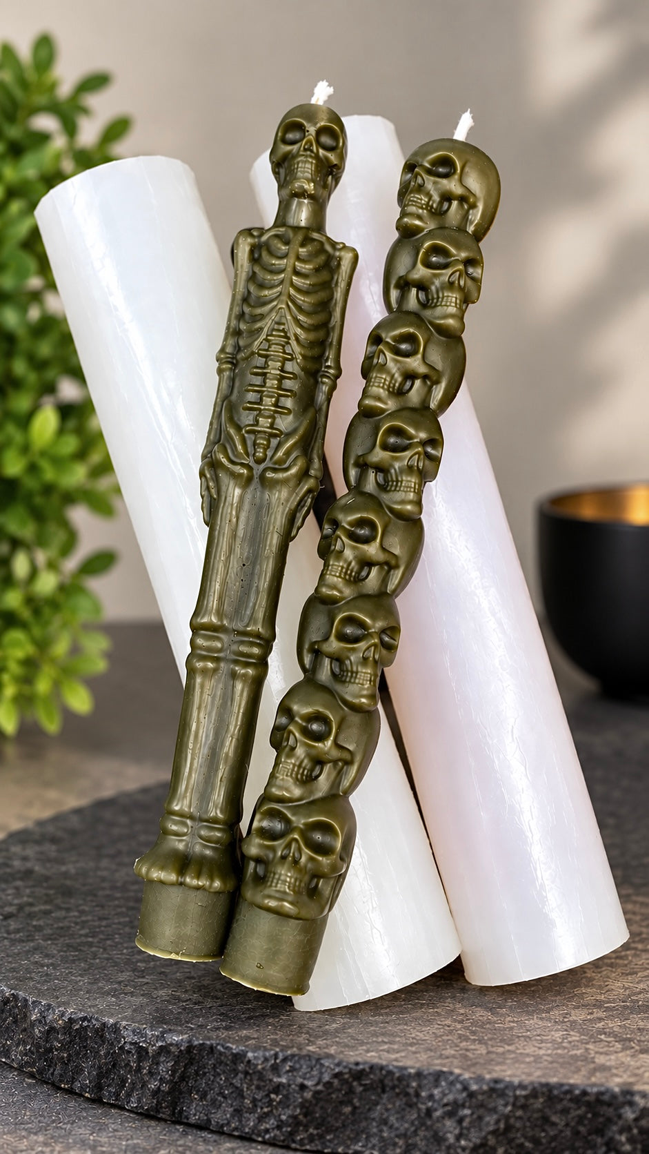 Halloween taper candle mold designed- skull heads skeleton 8.5”