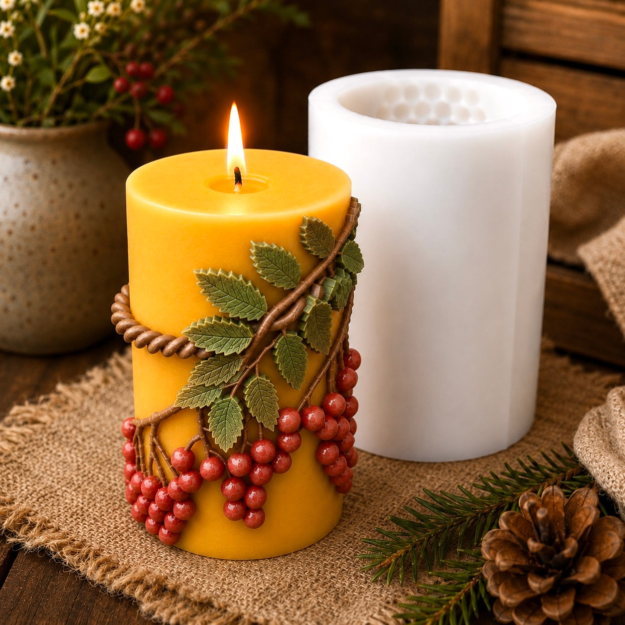 Silicone pillar candle mold - botanical woodland berries