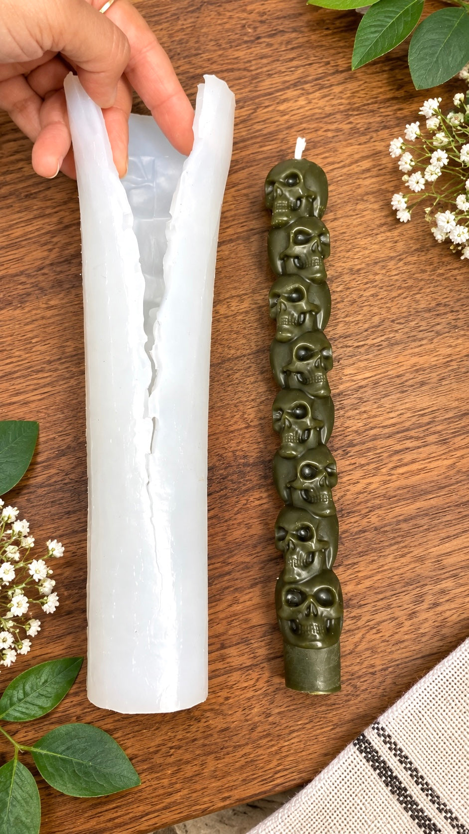 Halloween taper candle mold - stack skull heads pumpkin 8.25”