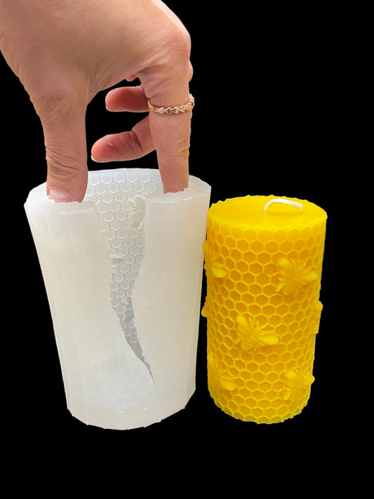 Silicone round cylinder Pillar candle Mold designed with honeybees on honeycomb  - 2 5/16” x 4 5/16”
