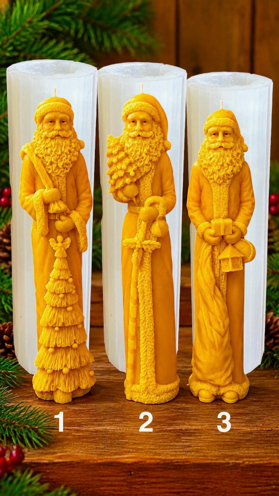 3D tall Silicone Santa Claus Mold - skinny taper style candle mold - super detailed Christmas holiday candle soap resin mold - food grade