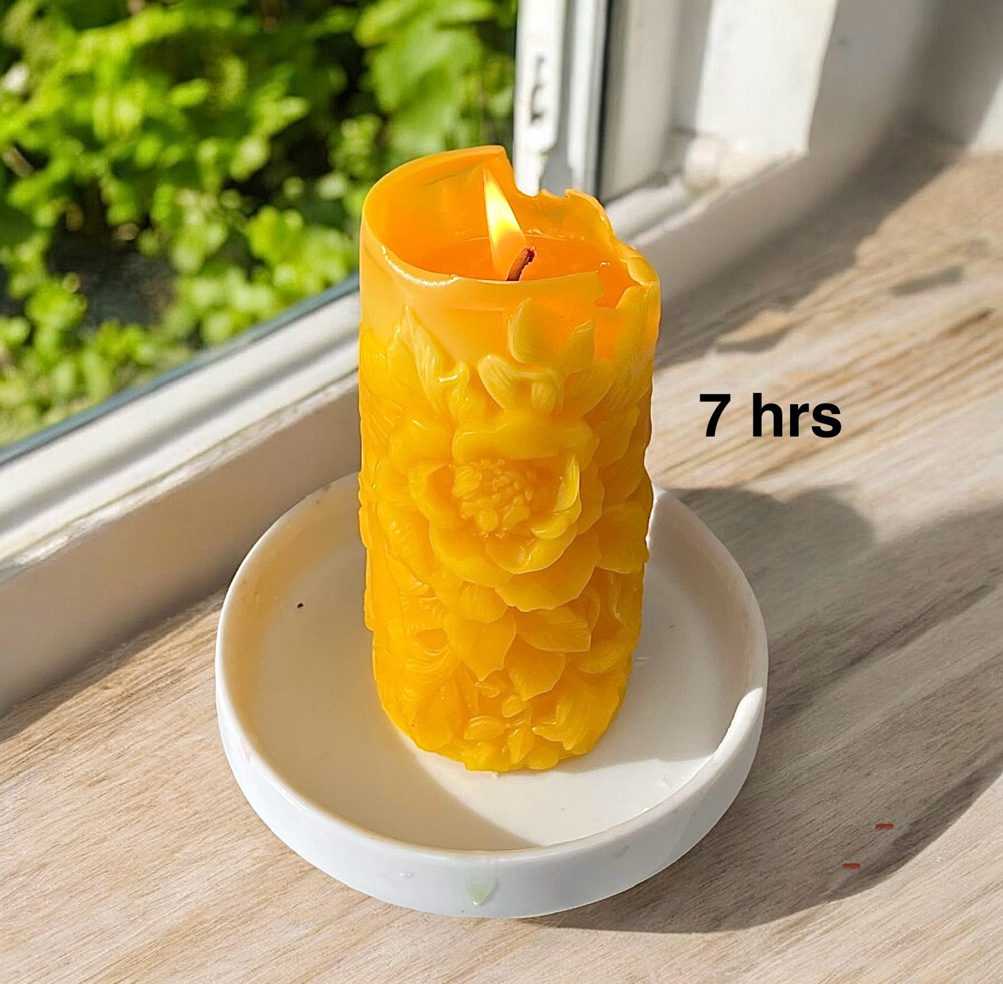 Handcrafted pure beeswax pillar candle designed with peony flowers