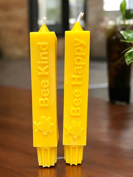 2 Pure beeswax square taper candles Bee happy Bee Kind holiday gift