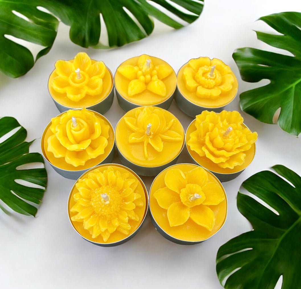 Pack of 8 pure beeswax assorted flower tealight candles