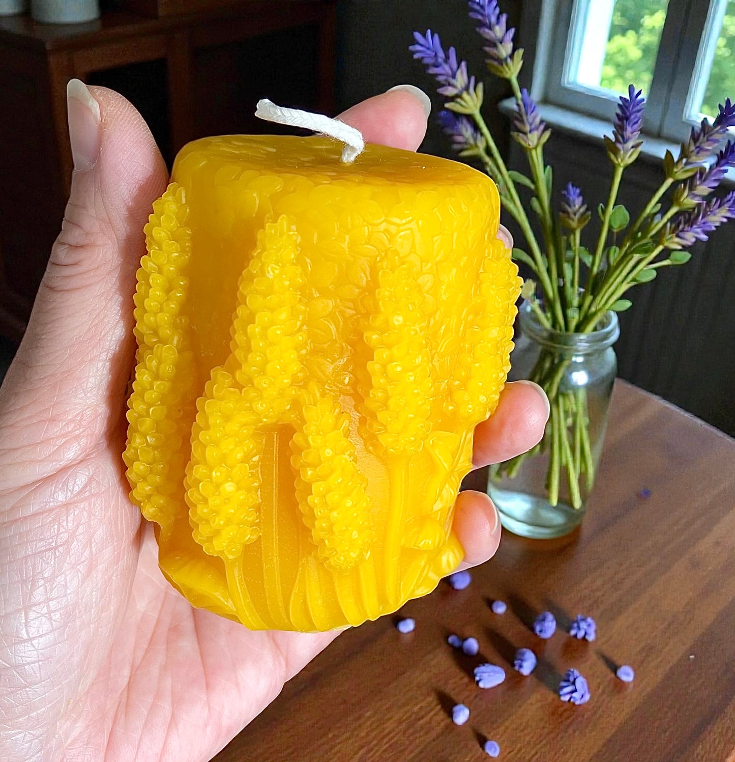 Pure beeswax lavender pillar candle