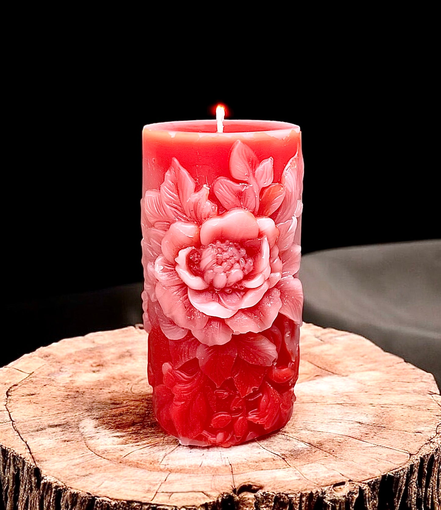 Handcrafted pure beeswax pillar candle designed with peony flowers