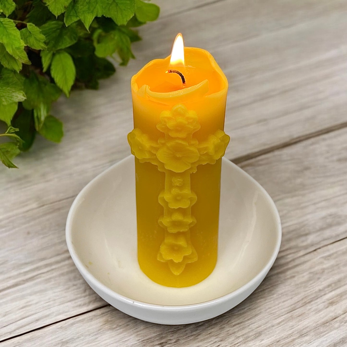 5” pure beeswax religious pillar candle with flower cross- Christian candle gift - candle with cross