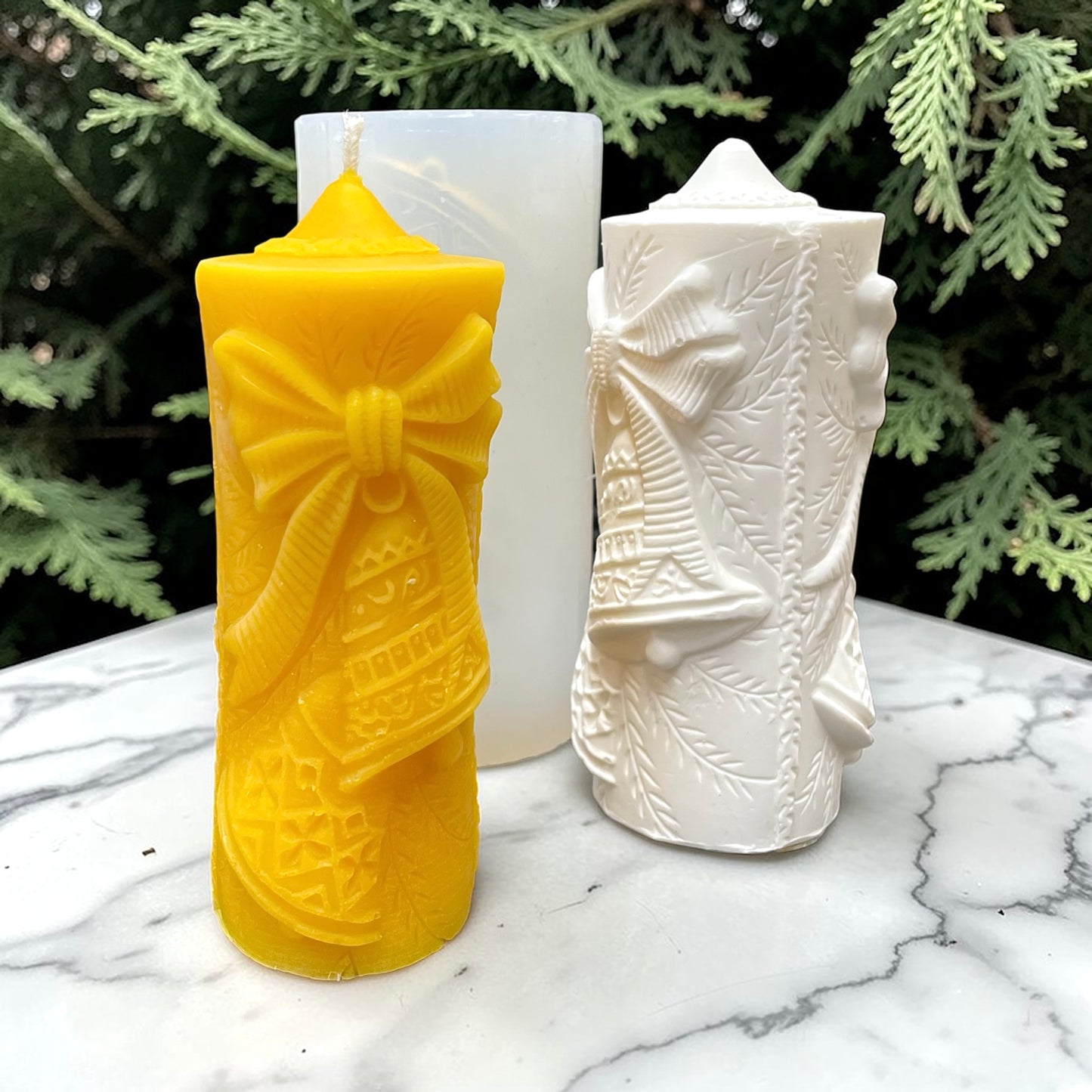 5” Christmas pillar candle mold - Christmas bell with bow