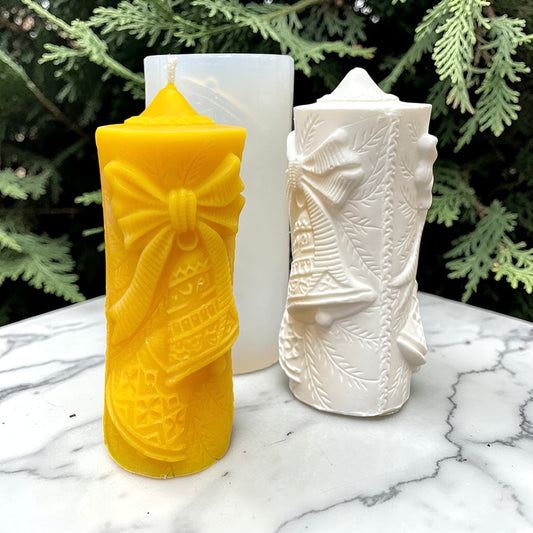 5” Christmas pillar candle mold - Christmas bell with bow
