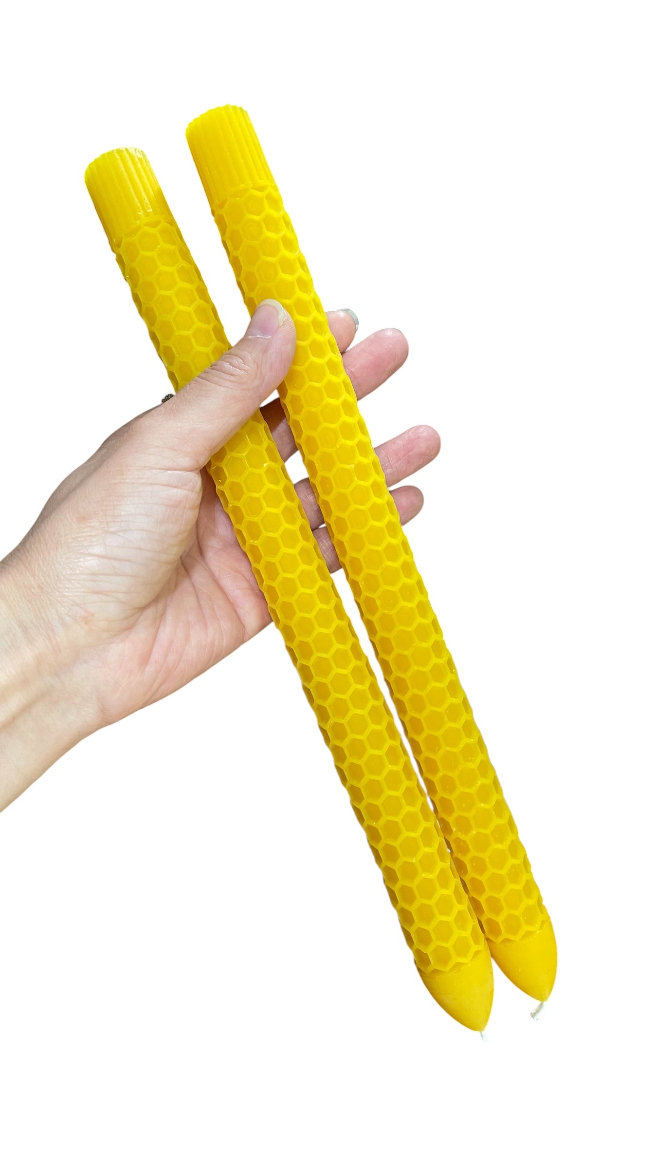 A pair 100% pure beeswax honeycomb tapers 11”