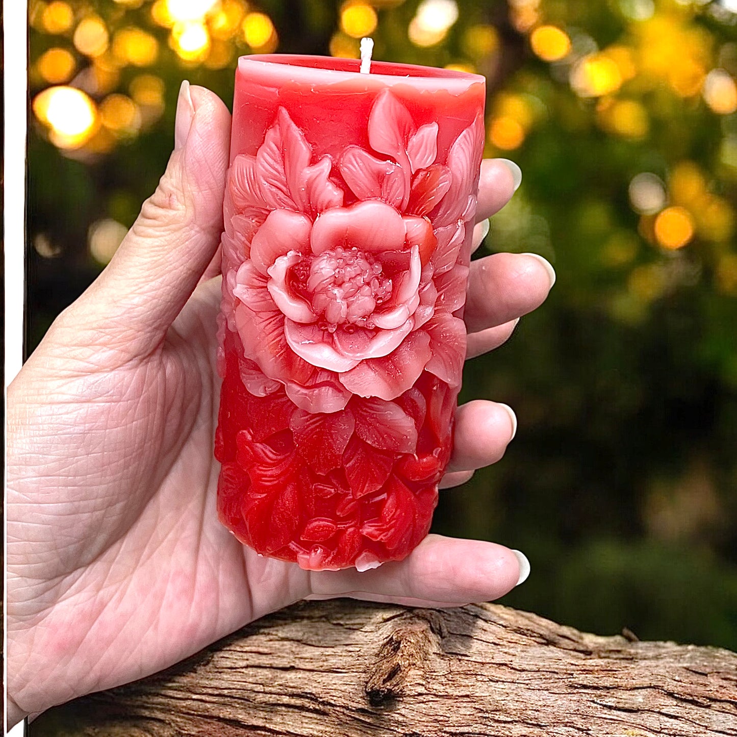 Handcrafted pure beeswax pillar candle designed with peony flowers