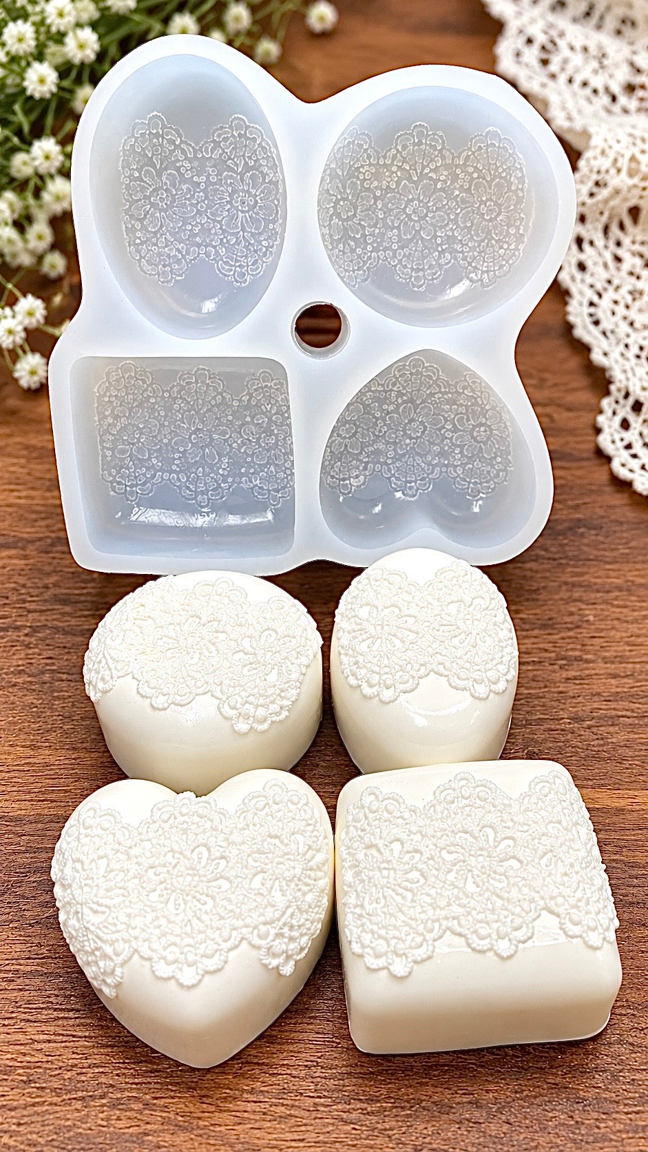 4-Cavity Lace Silicone Mold – Elegant Floral Lace Soap Mold, Beeswax Bar Mold, Lotion Bar Mold