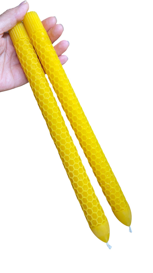 A pair 100% pure beeswax honeycomb tapers 11”