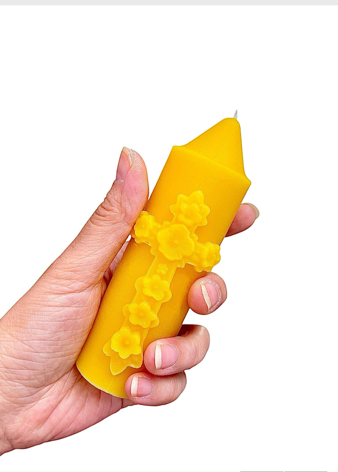 5” pure beeswax religious pillar candle with flower cross- Christian candle gift - candle with cross