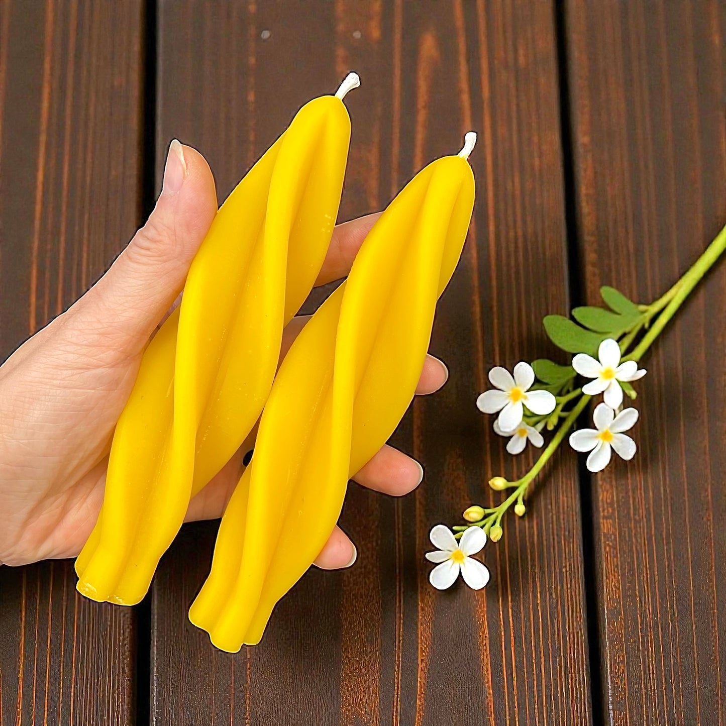 A pair 100% pure beeswax spiral twisted taper candles - handmade - 6”