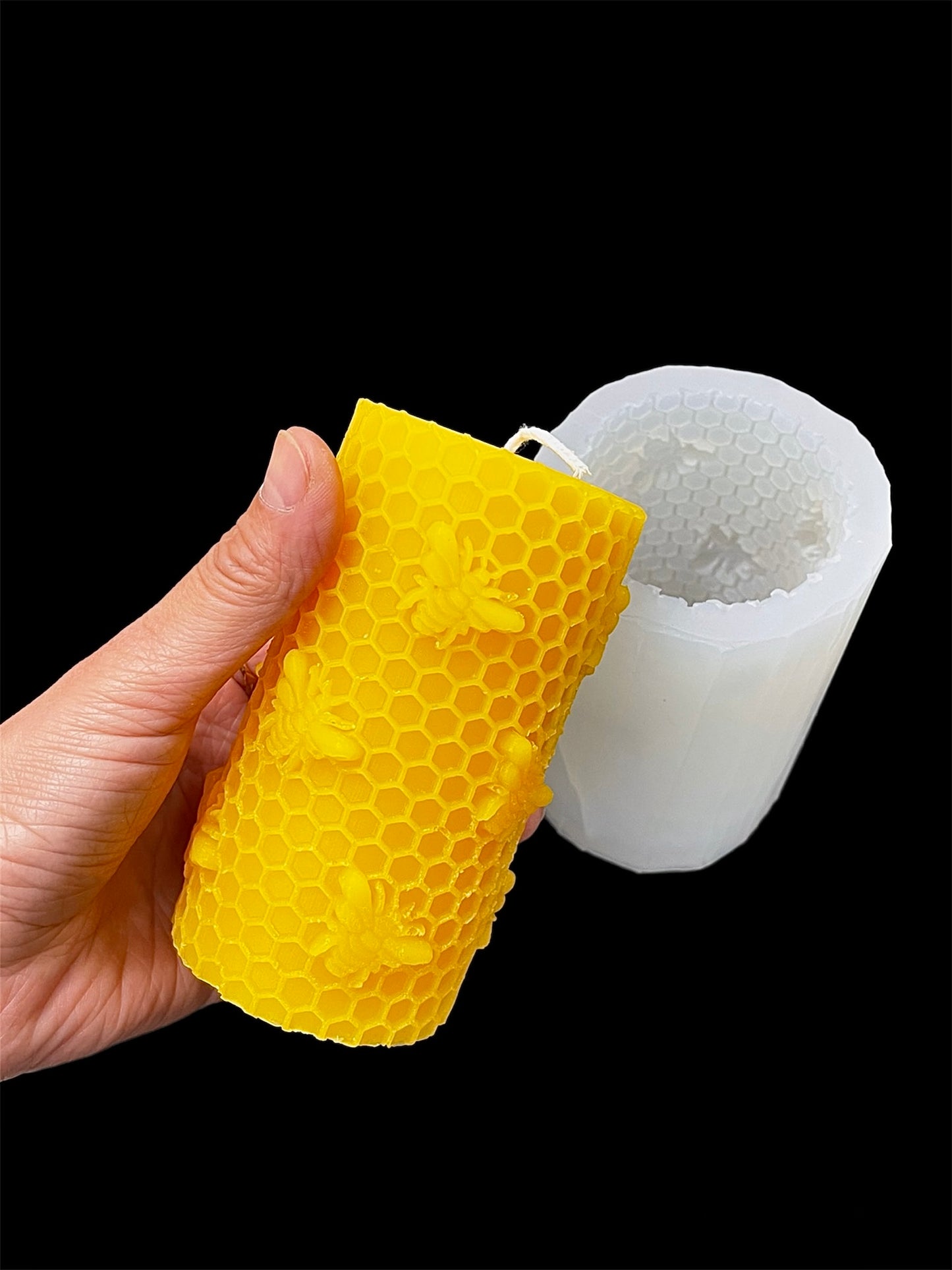 Silicone round cylinder Pillar candle Mold designed with honeybees on honeycomb  - 2 5/16” x 4 5/16”